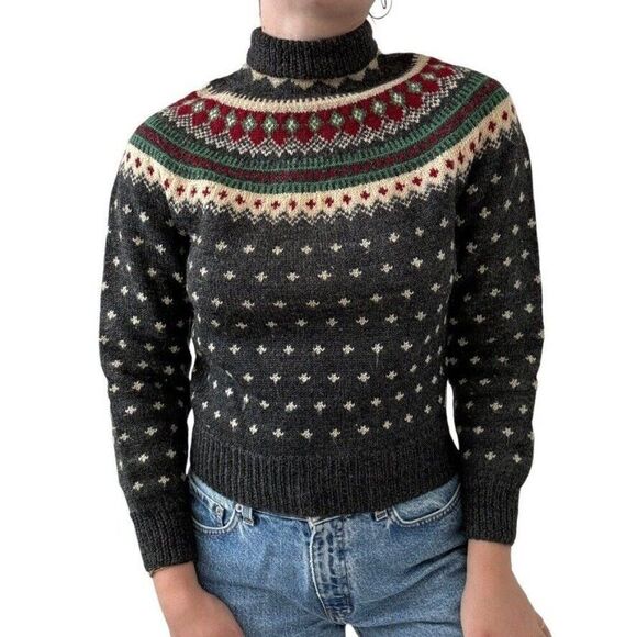 Vintage 1950s Womens Hand Knit 100% Wool Norwegian Fair Isle Sweater XS - Picture 2 of 8